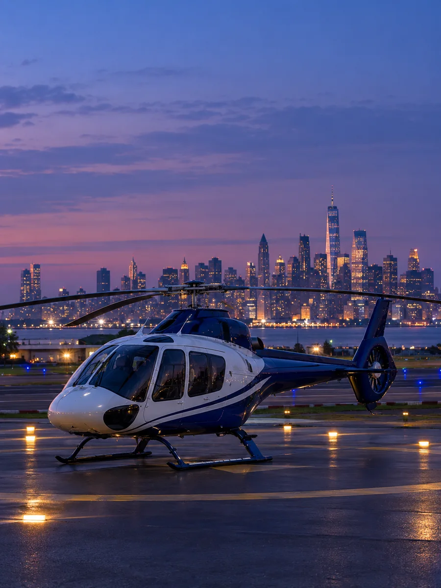 Tour helicopter on a lit helipad in New Jersey with the Manhattan skyline behind