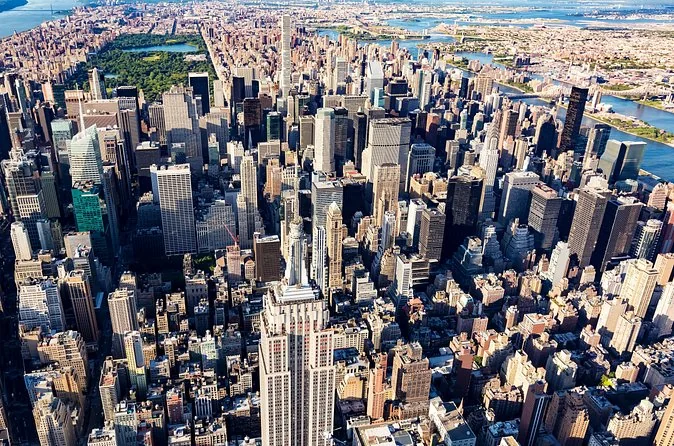 Looking down on the Empire State Building and Midtown from a helicopter, Central Park in the distance