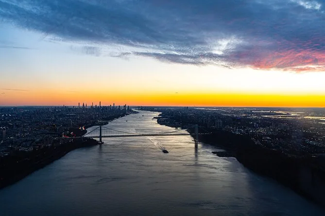 The Hudson River and the George Washington Bridge at sunset from the air