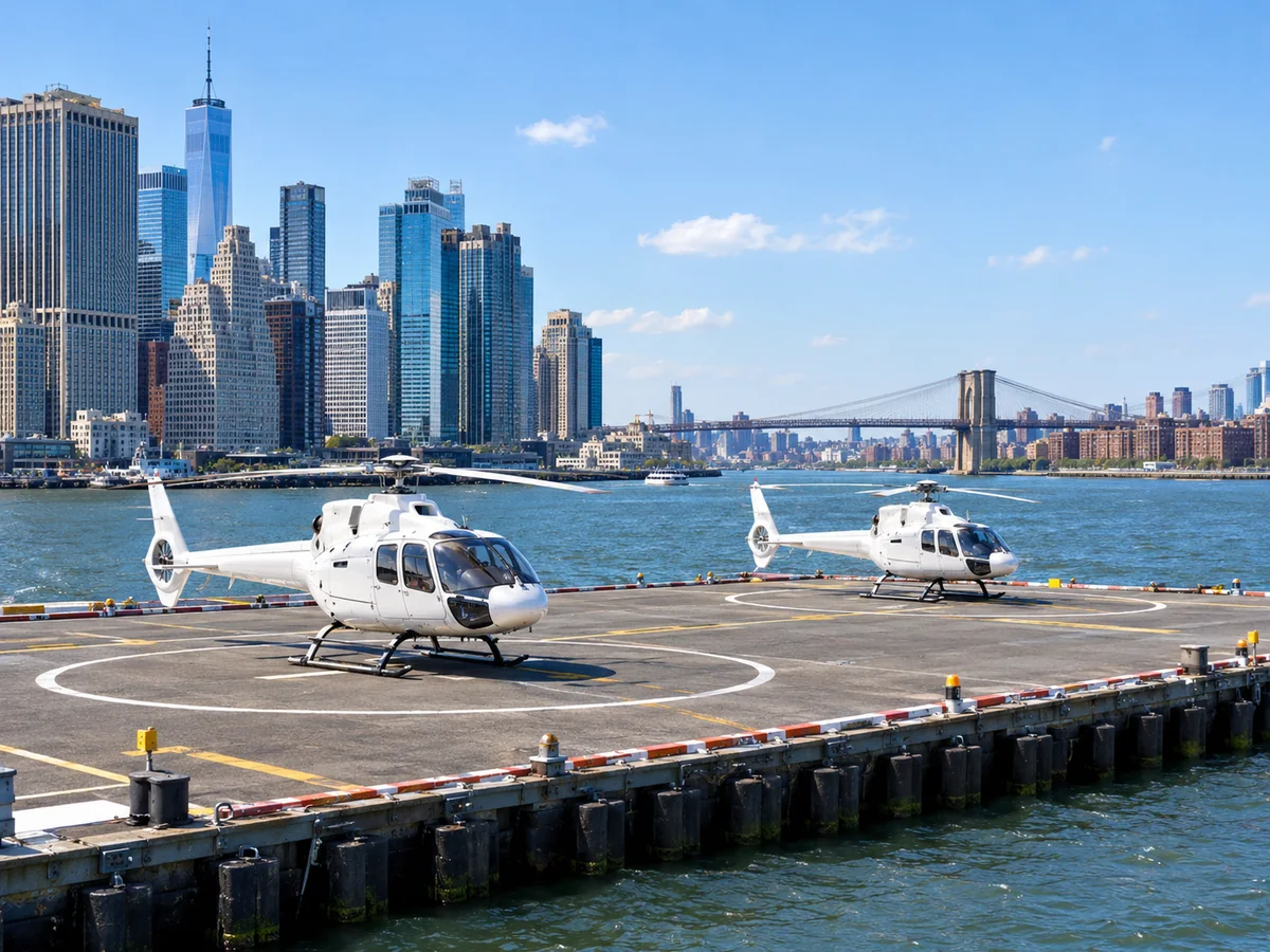 Tour helicopters on the pad at a Lower Manhattan waterfront heliport