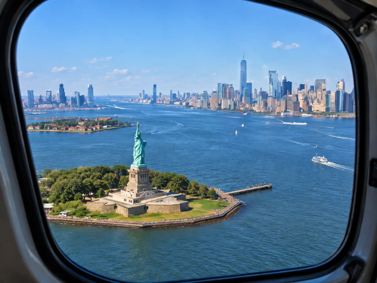 The Statue of Liberty seen through a helicopter window
