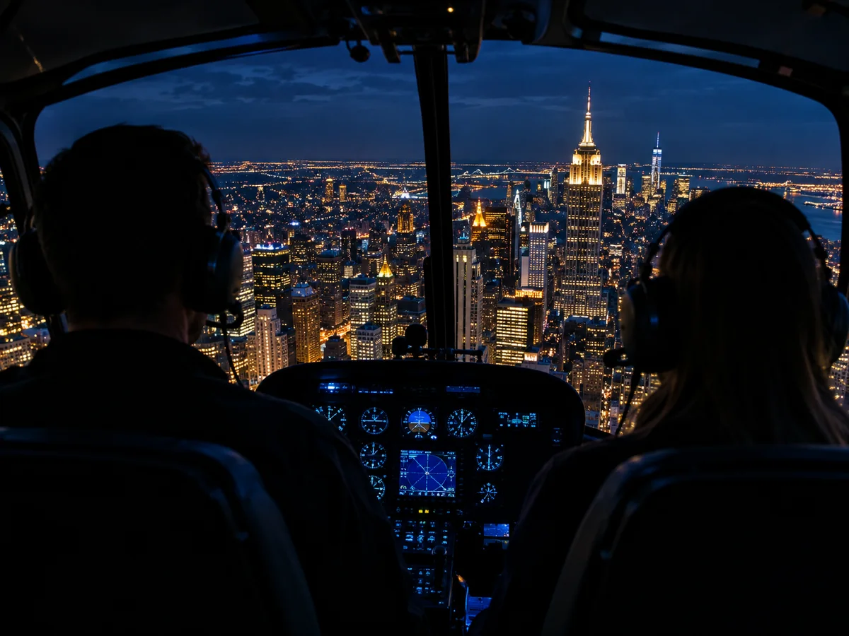 Passengers in headsets looking out at Manhattan's lights from a helicopter cabin at night